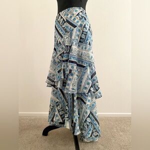 Karl Lagerfeld Blue and White Paisley High-Low Tiered Maxi Skirt